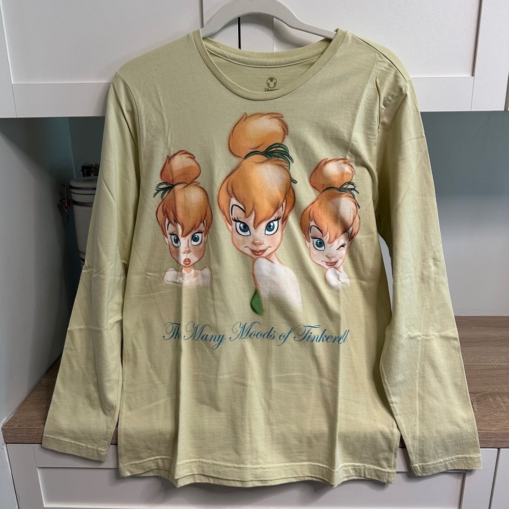 Disney Store Tinkerbell Long Sleeve Shirt Womens L Yellow Many Moods Graphic Tee